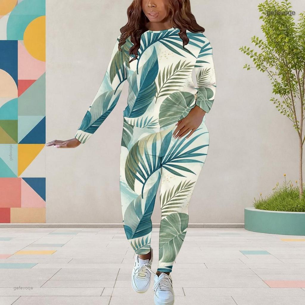 Women Plus Size Round Neck Long Sleeve Tropical Leaf Printed Top And Fitted Pants Two Piece Set