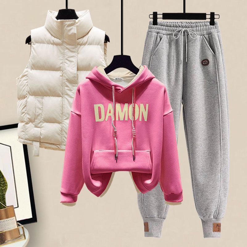 Plush and Thick Hoodie Cotton Vest Casual Sports Pants 3-piece Fashionable Female Student Sports Set Winter Tracksuit Outfits