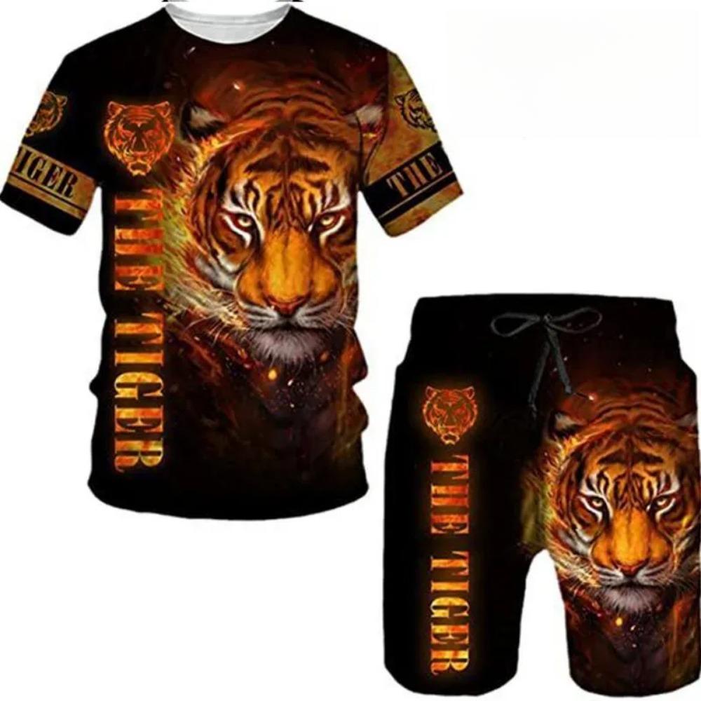 Summer Round Neck 3D Animal Printed Set Fashionable and Casual Short Sleeved Shorts Men's Sport Wear