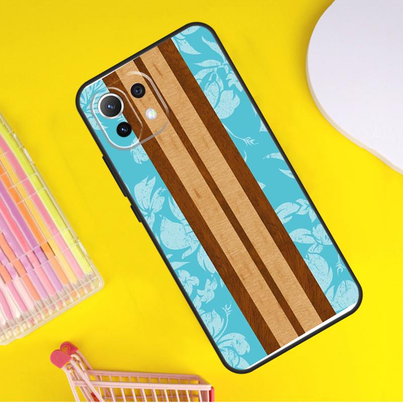 Hawaiian Faux Wood Surfboard Cover For Xiaomi 14 Ultra 13 11T 12T 13T 14T Pro POCO X6 X7 Pro X3 X5 F3 F5 F6 M6 Pro Case