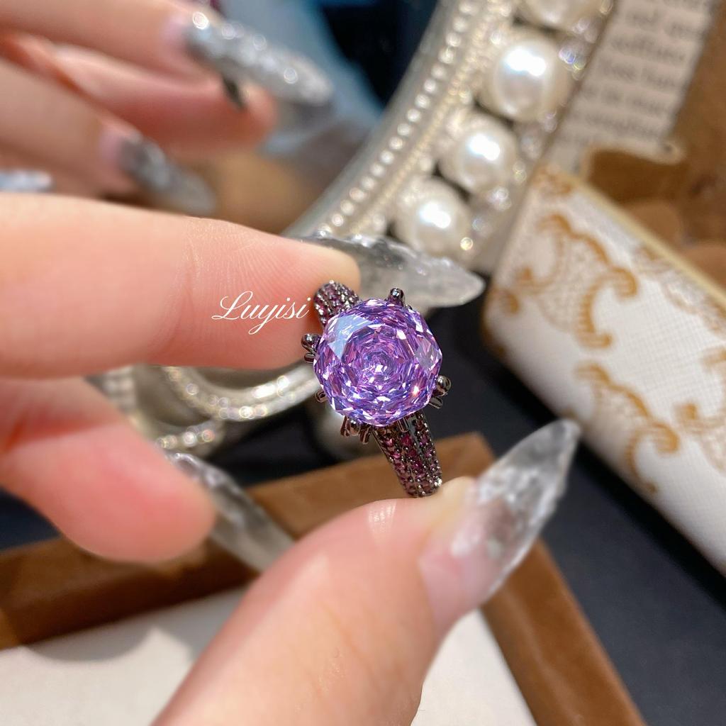 Octagonal Millennium Rose Cut Aquamarine & Purple Diamond Black Gold Ring