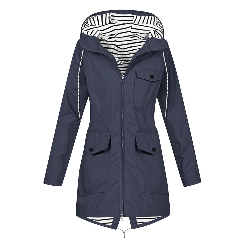 Women Solid Rain Jacket Outdoor Plus Waterproof Hooded Raincoat Windproof