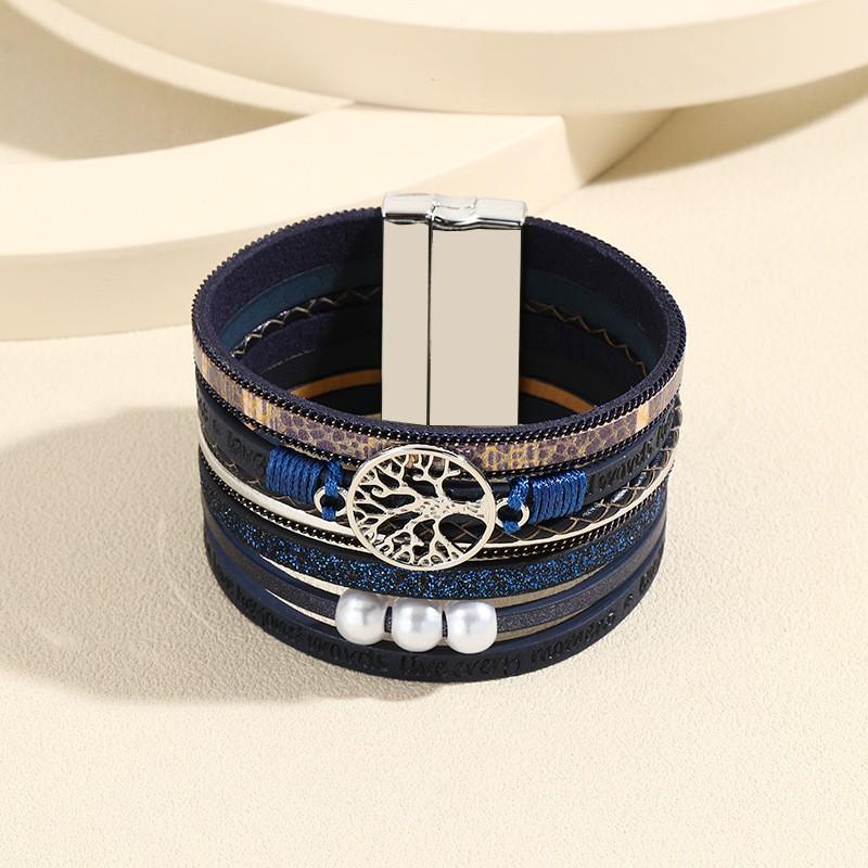 Bohemian Leather Wrap Bracelet With Tree Of Life Pearl Bead Handwoven Magnetic Clasp Vintage Style Unisex Jewelry Blue