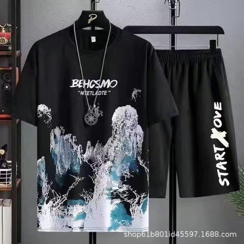 Youth Summer Casual Set Men's Thin Quick Drying Ice Silk Short Sleeved T-shirt Home Clothing Sports Shorts Two Piece Set