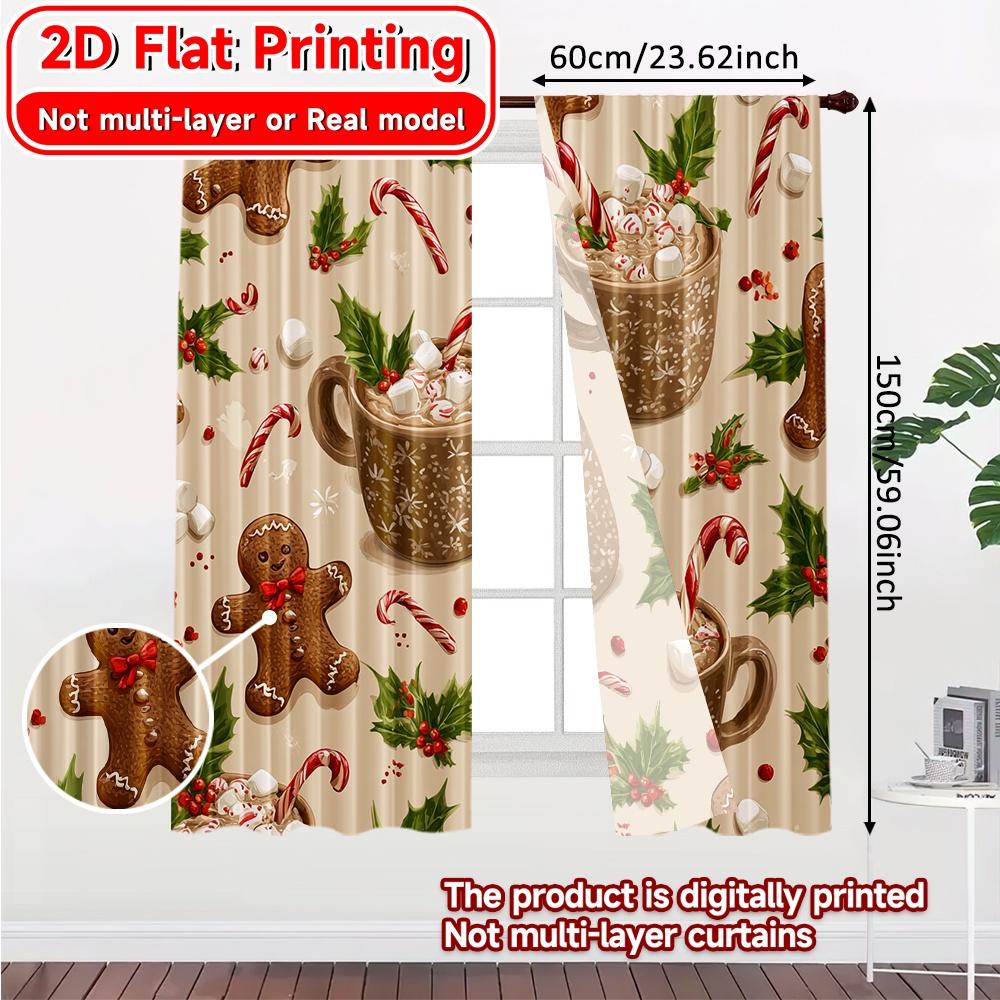 2D Flat Printing  2pcs Gingerbread Joy Popular Creative Curtains Polyester Easy Install Curtains Gifts Use for Bedroom   Living