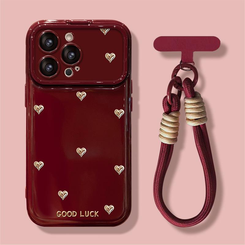Burgundy Bow Love Lanyard for Apple 17 New Year Mobile Phone Case Iphone15promax Silicone 16 Women