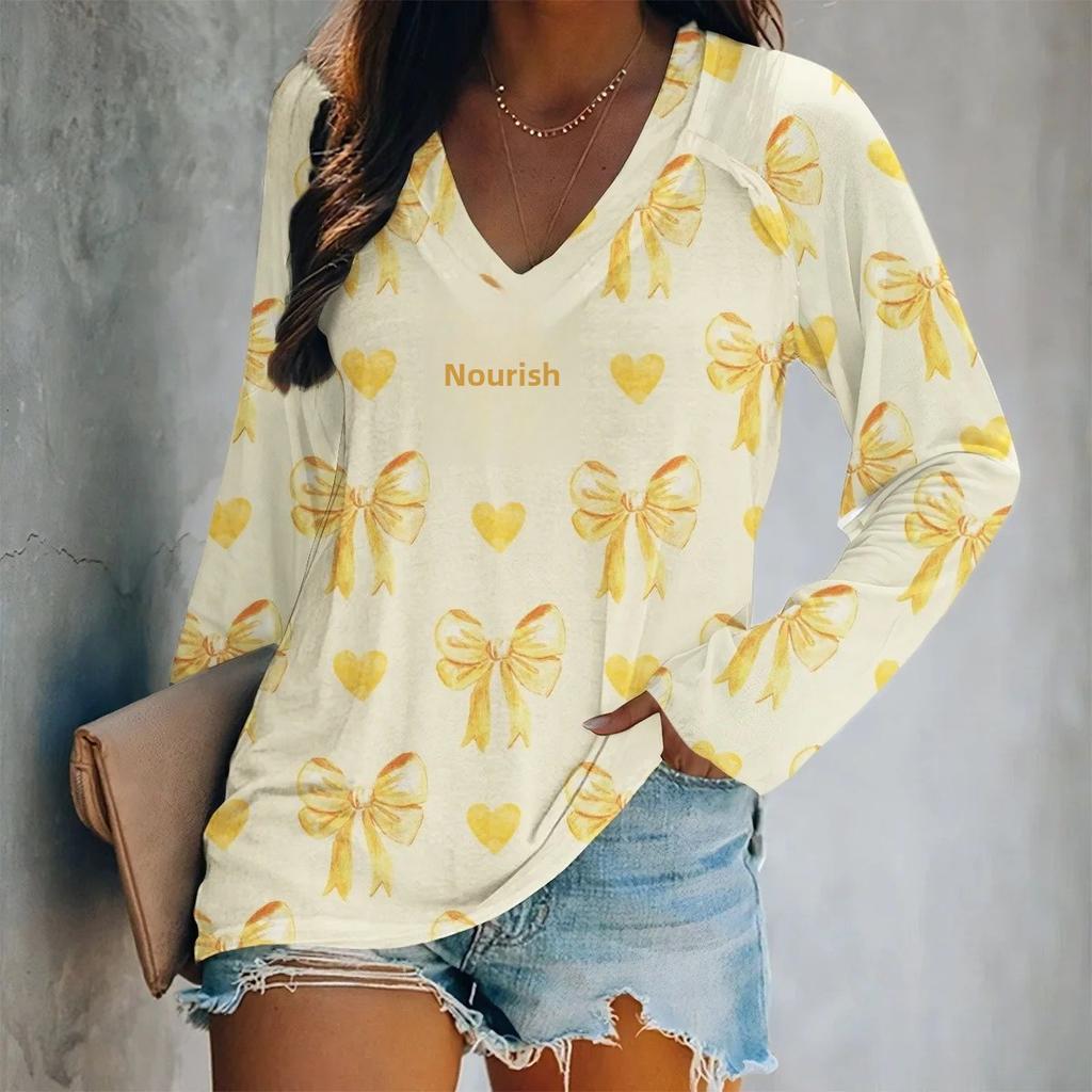 Spring V-Neck Long Sleeve T-Shirt Digital Print Loose Fit Women's Style Valentine's Day Special Edition Fashionable Casual Top