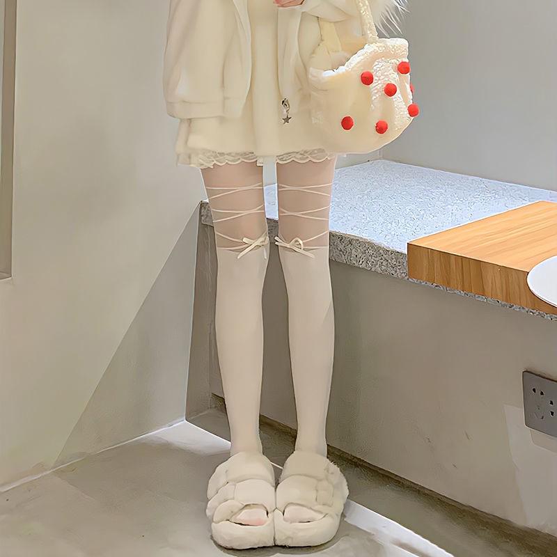 Spring/Summer Women's Japanese Sweet Lolita White Silk Tights with Black Faux Thigh Highs