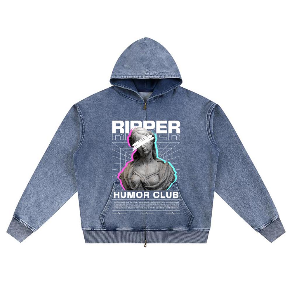 DTG print Knitted Denim Zip-Up Hoodie Ripper's Humor Club Brother Print Zipper Hoodies  