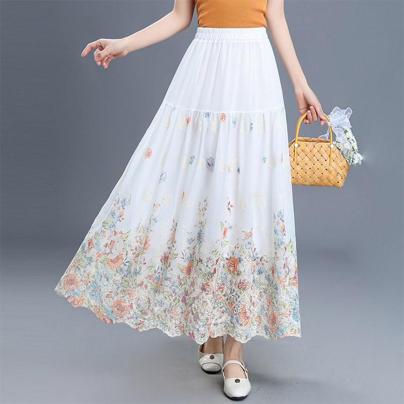 Qooth Ethnic Embroidered Floral Lace Skirt Ankle-length A-Line Flowy Midi with Hollow Details Boho QT2851 One Size белый