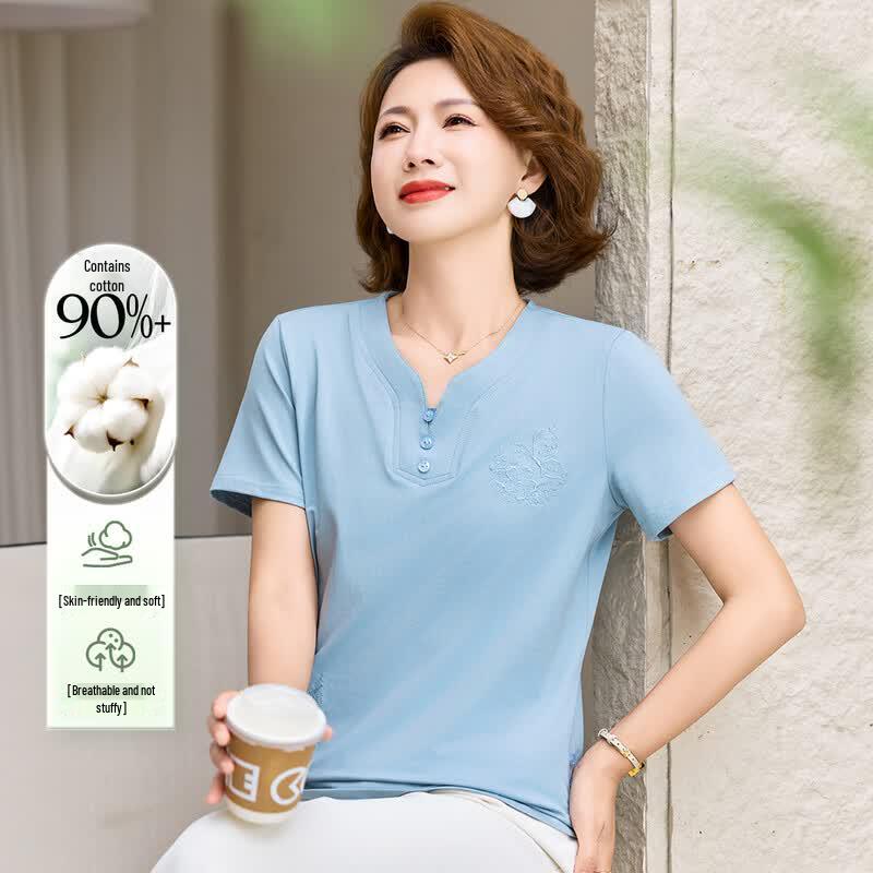 Mom s Summer Embroidered V-Neck T-Shirt XL