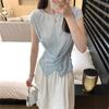 Blue design sense versatile round neck short-sleeved T-shirt women's summer new foreign style irregular slim-fitting and thin knock beautiful shirt