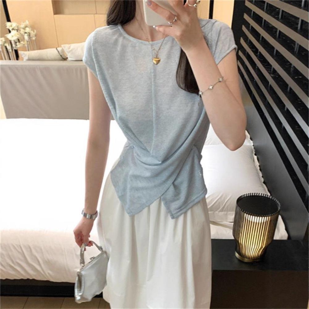 Blue design sense versatile round neck short-sleeved T-shirt women's summer new foreign style irregular slim-fitting and thin knock beautiful shirt