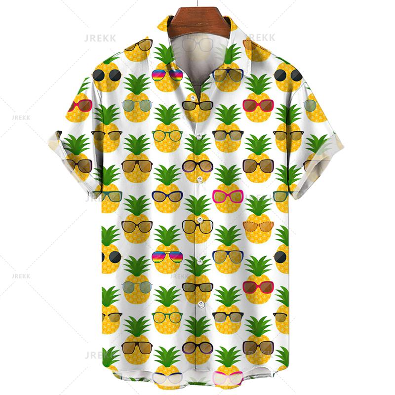 3D Tištěná Havajská Pánská Košile Tropické Ovoce Ananas Dámská Košile s Krátkým Rukávem Volný Pohodlný Top Dovolená Plážové Oblečení Topy