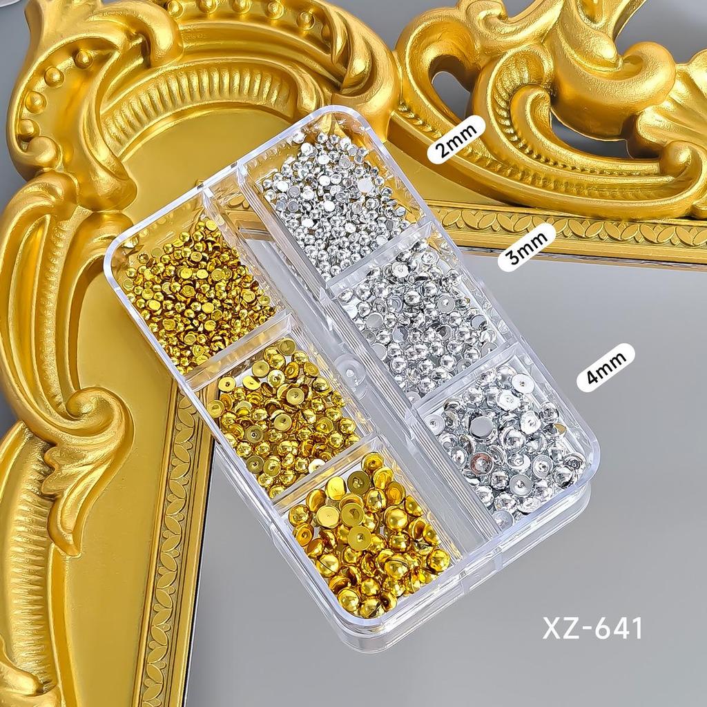 Gold & Silver Half Pearl Nail Art Decorations Set - 12 Mixed Size Grids