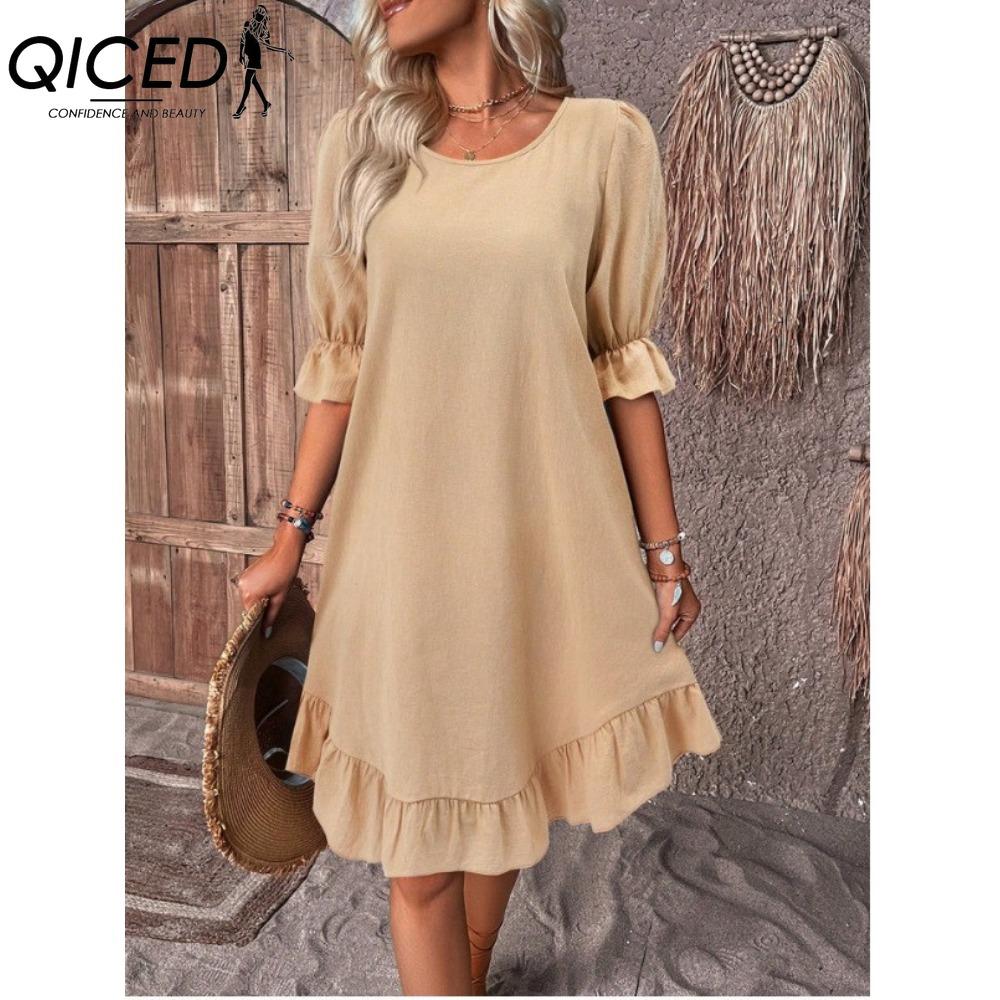 QICED Women's Fashion Summer Spring Solid Color Print Short Sleeve V-Neck High Waist Casual Dresses