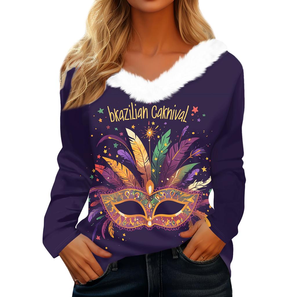 Dámský volný ležérní top s dlouhým rukávem a potiskem, plyšový límec ve tvaru V, top s dlouhým rukávem