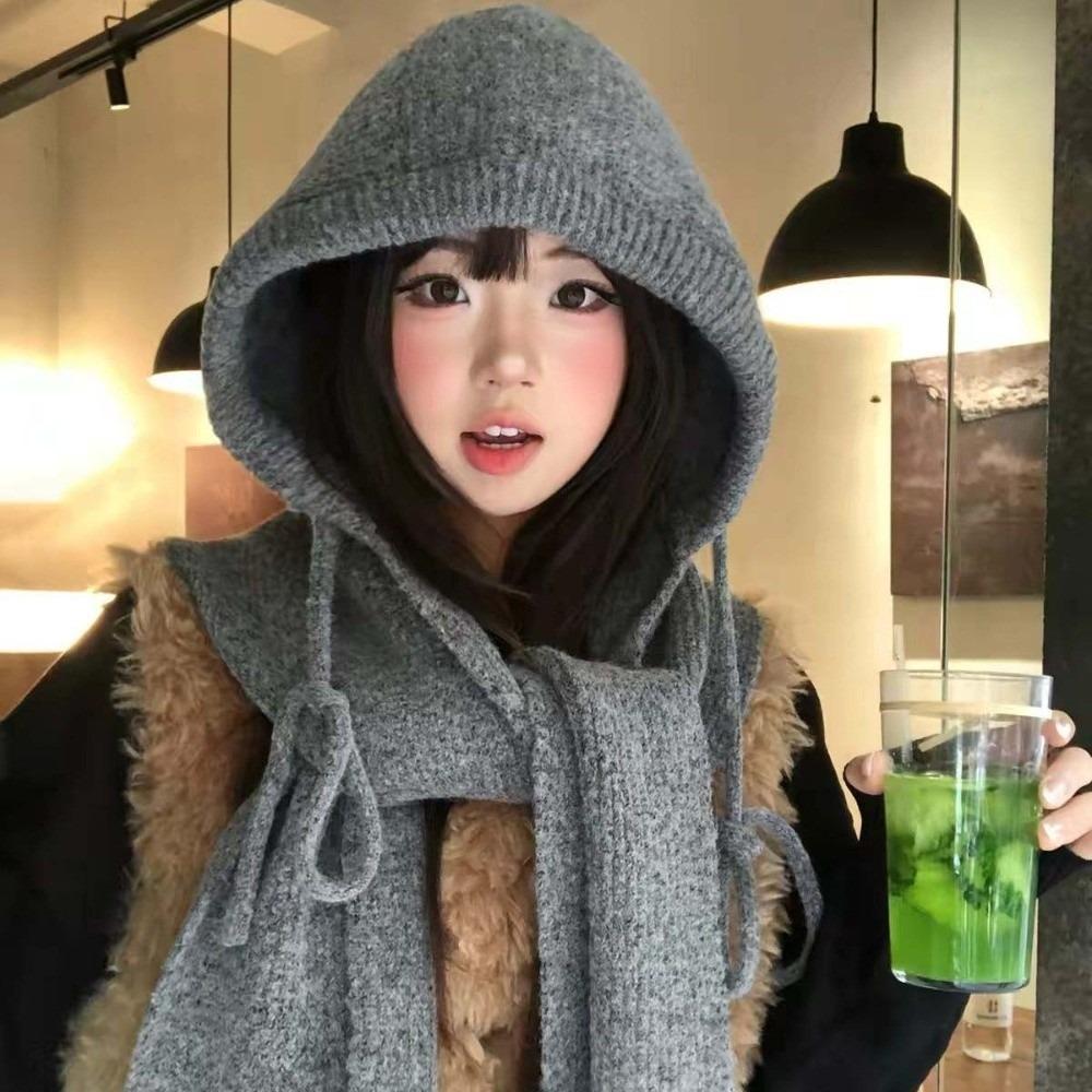 Korean Style Winter Balaclava Hat Solid Color Knitted Hooded Beanie Hood Scarf Combo Trendy Girls