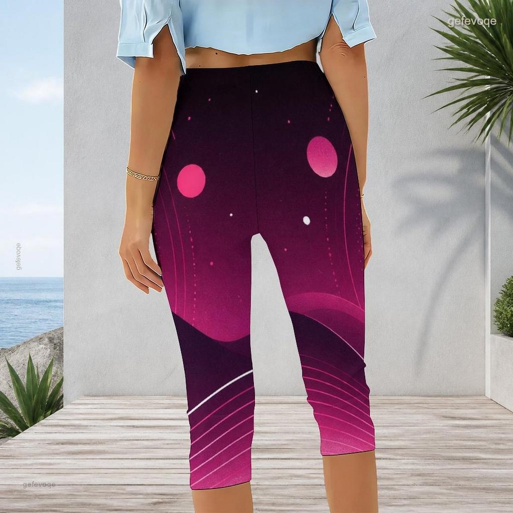 Women Plus Size Capri Length Leggings Abstract Pink Purple Gradient Sunset Print High Waist Stretchy Yoga Pants For Casual Workout Daily Wear