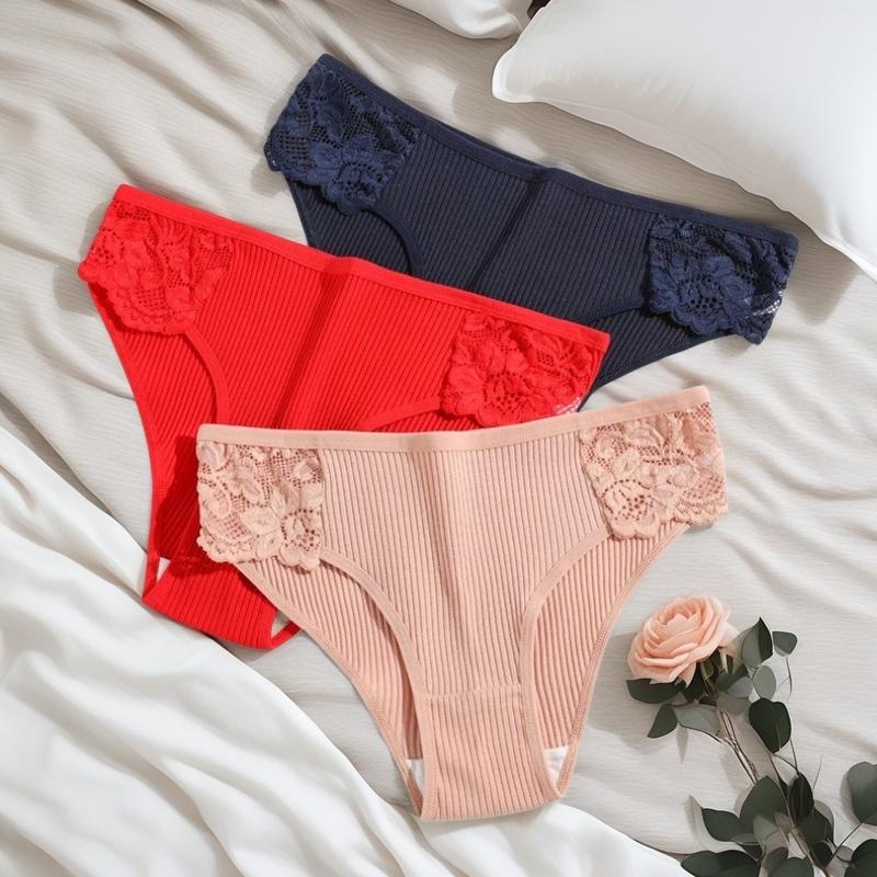 3Pcs/set Women Cotton Panties Low-Rise Underwear Patchwork Lace Briefs Female Soft Underpants Sexy Lingerie S-XL