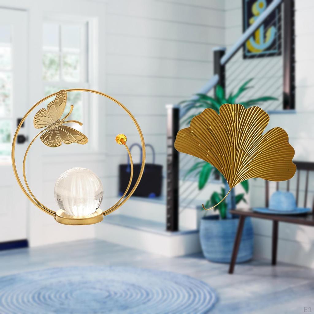 Abstract Wrought Iron Ginkgo Leaves Wall Sculpture Metal Figurine Stand Crystal Ball for Living Room
