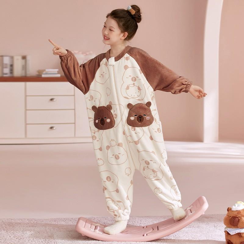 Thick Flannel Kids Pajamas One-Piece Sleepwear Boys Girls Winter Warm Home Suit Cartoon Print