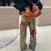 Correct version ac2025 autumn and winter niche design sense bear trompe l'oeil printing loose straight jeans women