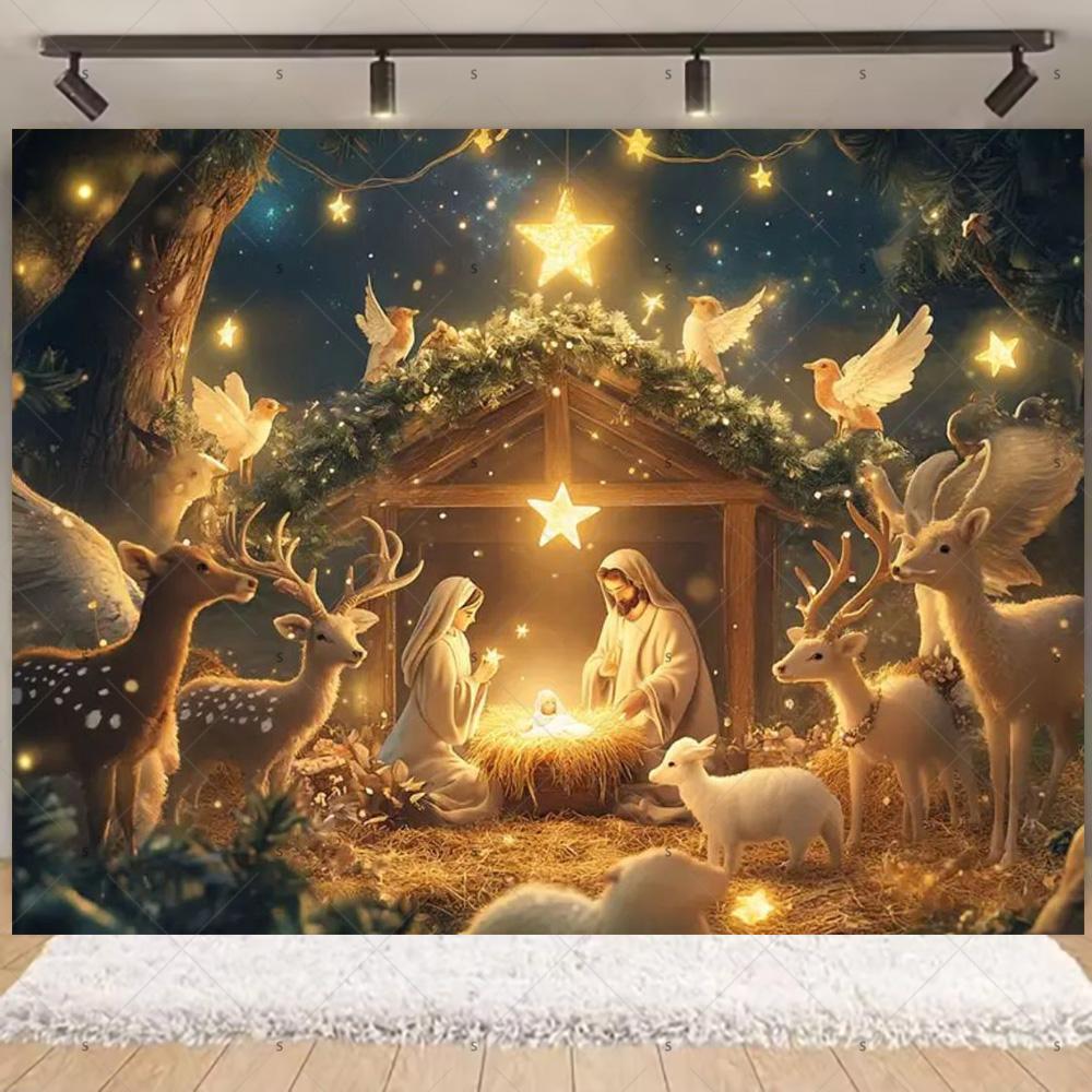 Nativity Scene Background Banner Starry Night Traditional Christmas Religious Jesus Backdrop Supplies Christmas Party Decoration