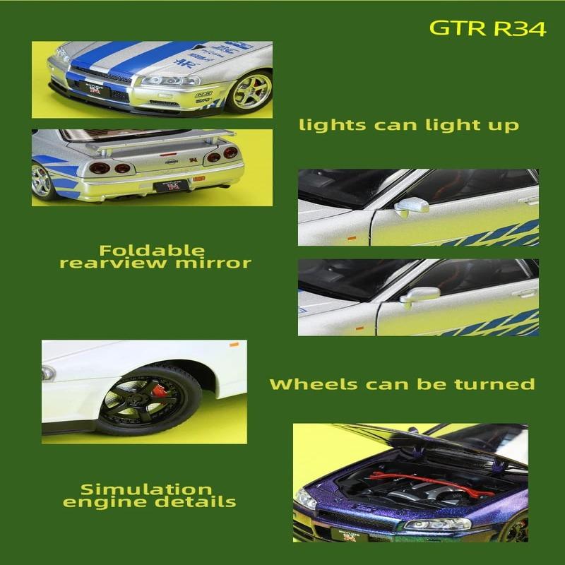 1:24 Simulation Scale GTR R34 Skyline Supercar Alloy Model Die-cast Metal Vehicle with Sound and Light Pull Back Function Toy Boy Birthday Gift