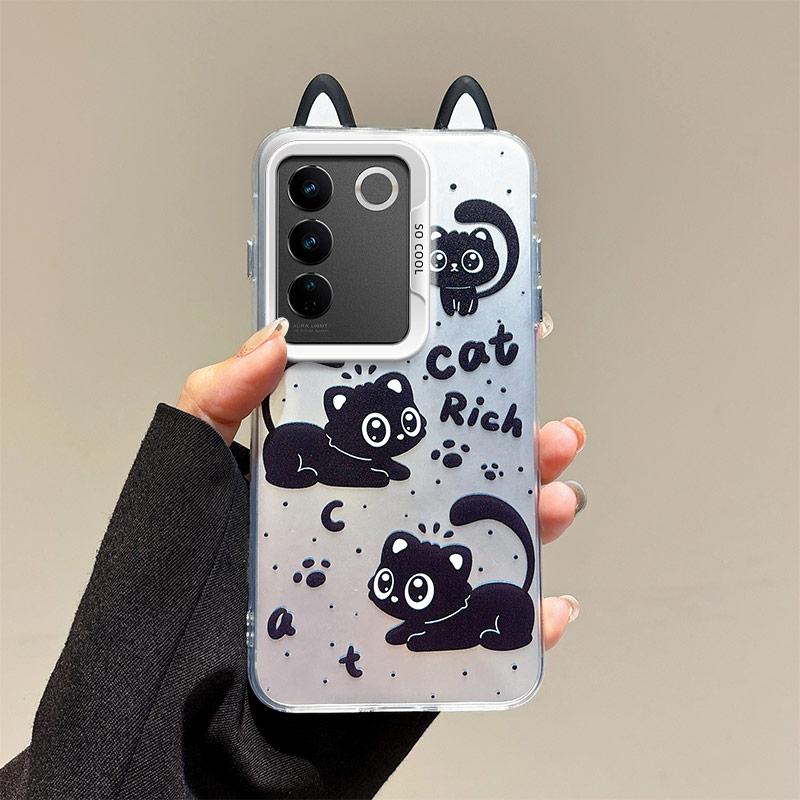 KEYSION Cute Ear Cartoon Case for VIVO Y100 5G with Lanyard Soft Silicone+PC Shockproof Phone Back Cover for VIVO Y100