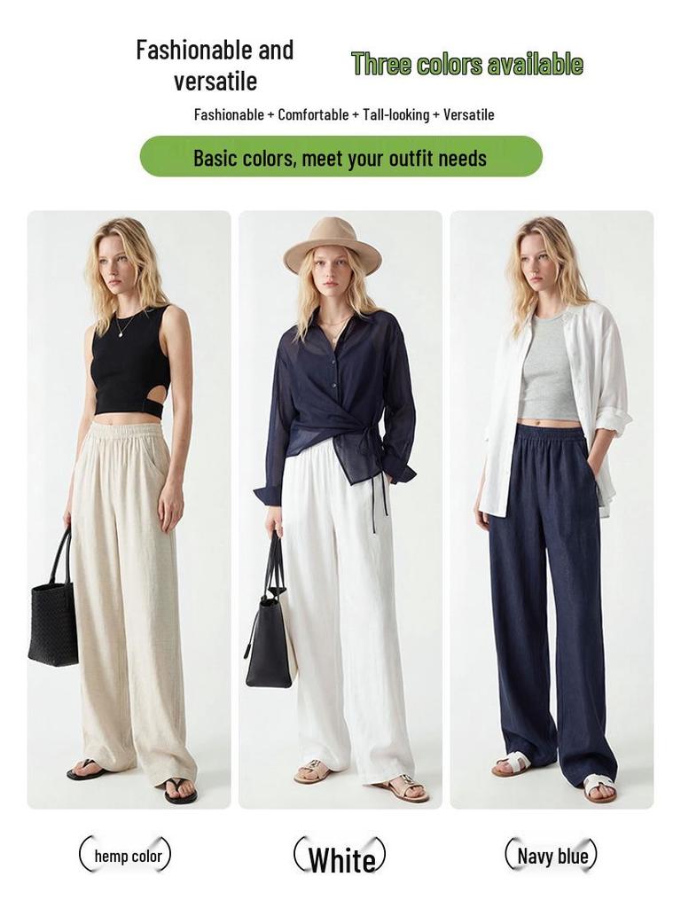 Women's Summer Linen Wide-Leg Pants - Loose, Floor-Length, Casual Fit
