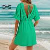 Women Summer Dress V Neck Short Sleeves Pleated High Waist Beach Coverup Loose Mini Dress Lace-up Tassel Strap Backless Slit Hem Dress