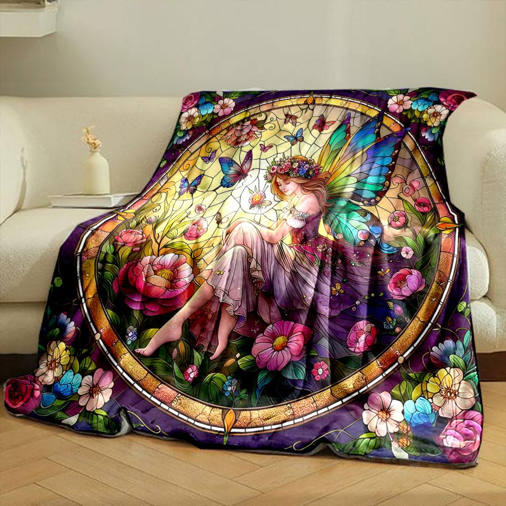 1PC Stained Glass Fairy Print Blanket Flannel Soft Comfort Home Travel Blanket Kids Warm Blanket Picnic RV Luxury Gifts
