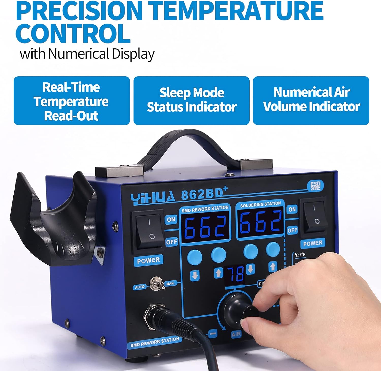 

862BD+ SMD ESD Safe 2 in 1 Soldering Iron Hot Air Rework Station °F /°C with Multiple Functions United States