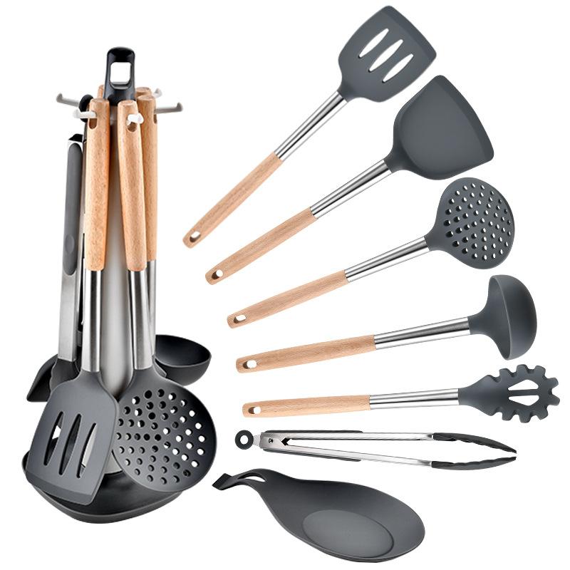 8 PCS Silicone Cooking Kitchen Utensil Set Wooden Handle Kitchen Baking Tools Kitchenware Accessories Storage Bucket