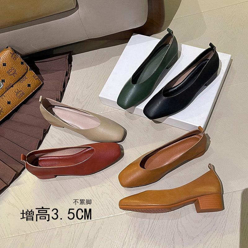 Leather 3.5cm thick heel middle heel single shoes women's spring and autumn new French square head professional work non-grinding feet grandma shoes