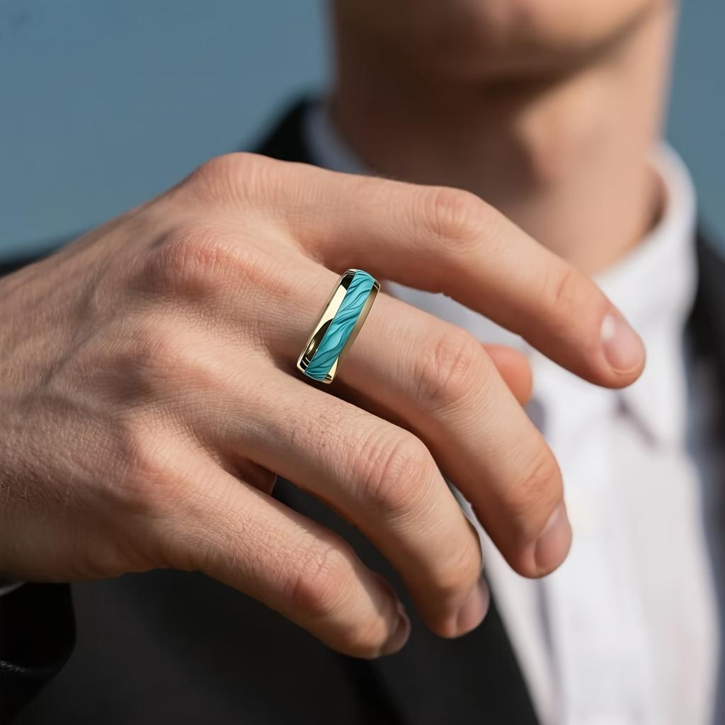 Unique Turquoise Stone Inlay Gold Color Steel Ring  Engagement Wedding Band Jewelry Ocean Style Stainless Steel Ring