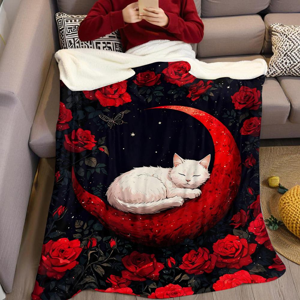 Cat On Red Moon Flannel Blanket Warm Soft Halloween Christmas Couch Warm Cozy Decorative Decor Gift for All Season