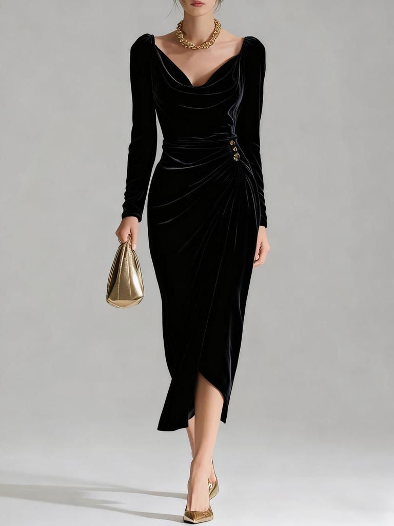 2025 Women's Casual Golden Velvet Slim Fit Long Sleeve Pleated Split Dress