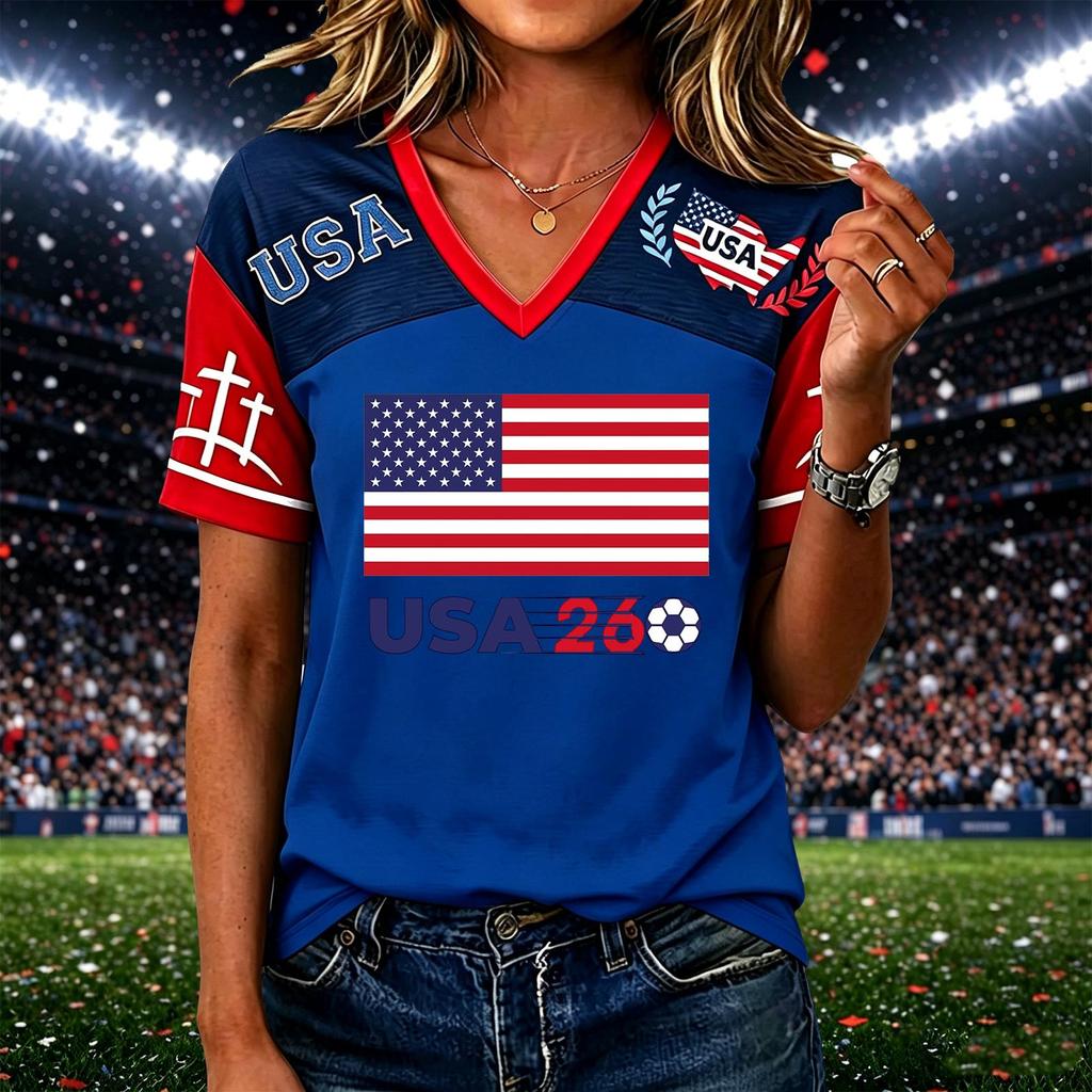 Womens Casual Short Sleeve Soccer Print V Neck Pullover Top Lightweight Breathable Soft Fabric Comfortable Fit
