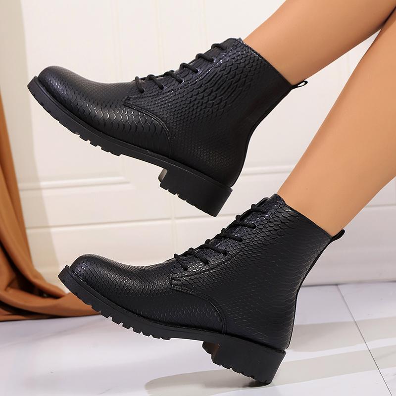 Lucyever Nadměrná velikost Podzimní Zimní Kotníkové Boty Dámské Šněrovací Nízké Podpatky Krátké Kotníkové Boty Mujer Černá PU Kůže Klasické Boty Žena