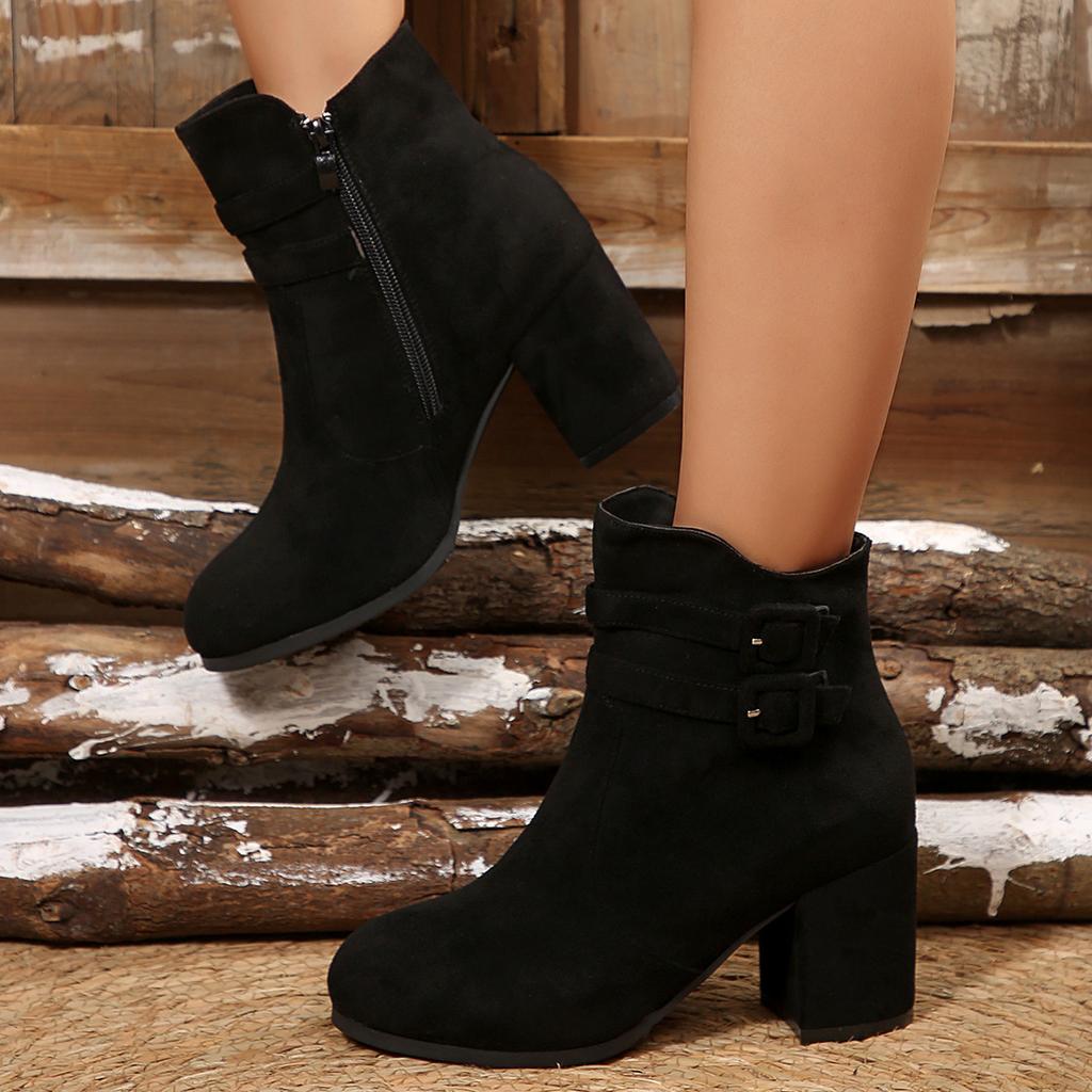 Belt Buckle High Heel Fashion Boots Winter Suede Thick Heel Short Boots Women