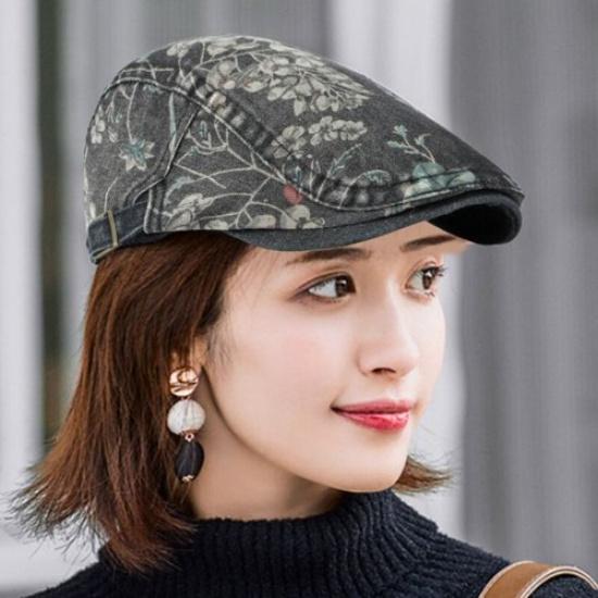 Retro Lady Denim Newsboy Cap Floral Print Beret Flat Hat Ethnic Cabbie Baker Boy