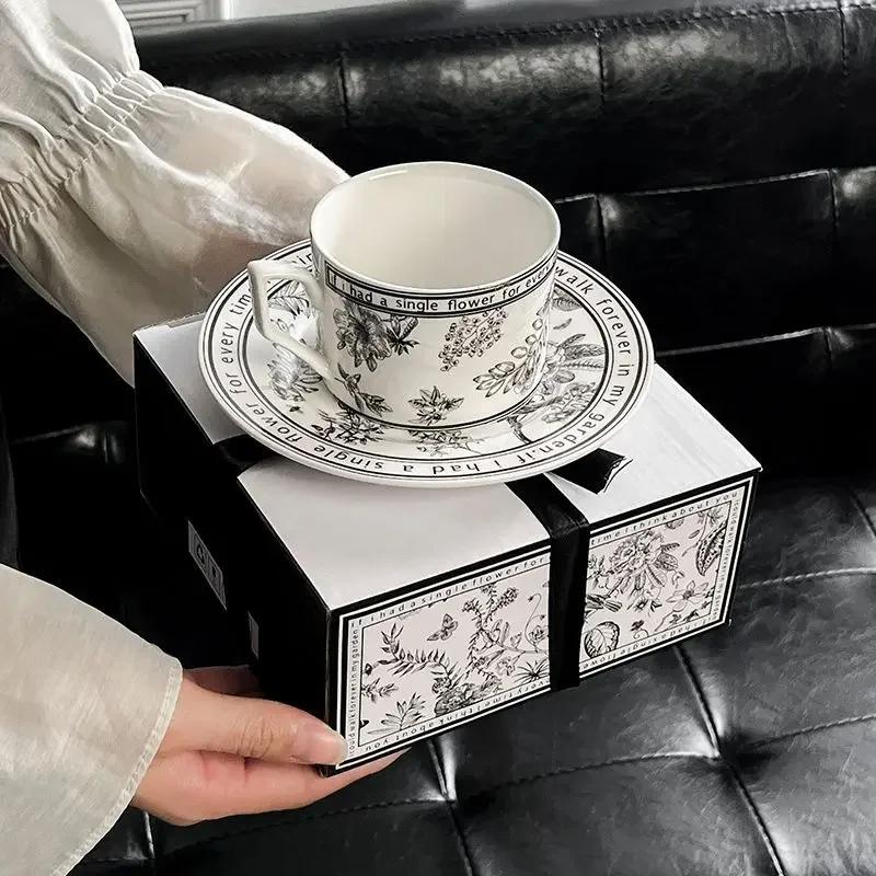 French Retro Black & White Coffee Cup Set - Summer Lily Luxury Gift Box, Premium Ceramic for Home, Cafe & Souvenir