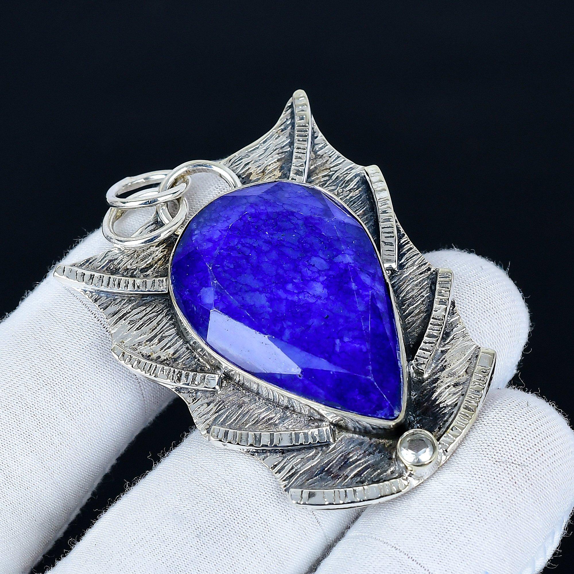 

Blue Sapphire Pendant, 925 Sterling Silver Handmade Jewelry, Sapphire Silver Pendant, Party Wear Jewelry For Women s, Pendant Wadding Gift 6.5 Cm синій