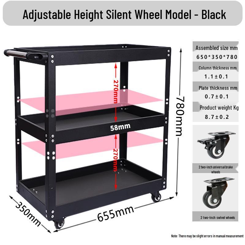 Adjustable 3-Tier Hand-Push Tool Cart for Auto Repair - Multi-Functional Mobile Workshop Storage.