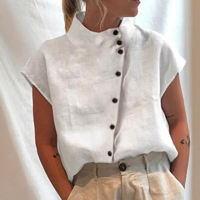 

white linen blend stand collar asymmetrical button cap sleeve shirt for women S білий