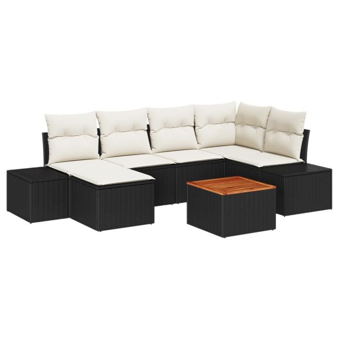 VidaXL Ensemble de Canapés de Jardin de 7 Pièces avec Coussins Noir Poly Rattan Acacia 3356647