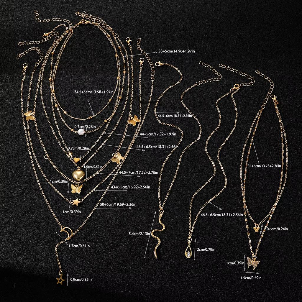 9 Pcs Multi-layered Gold Color Necklace Set for Women Fashion Zircon Heart Butterfly Star Moon Snake Pendant Necklaces Set