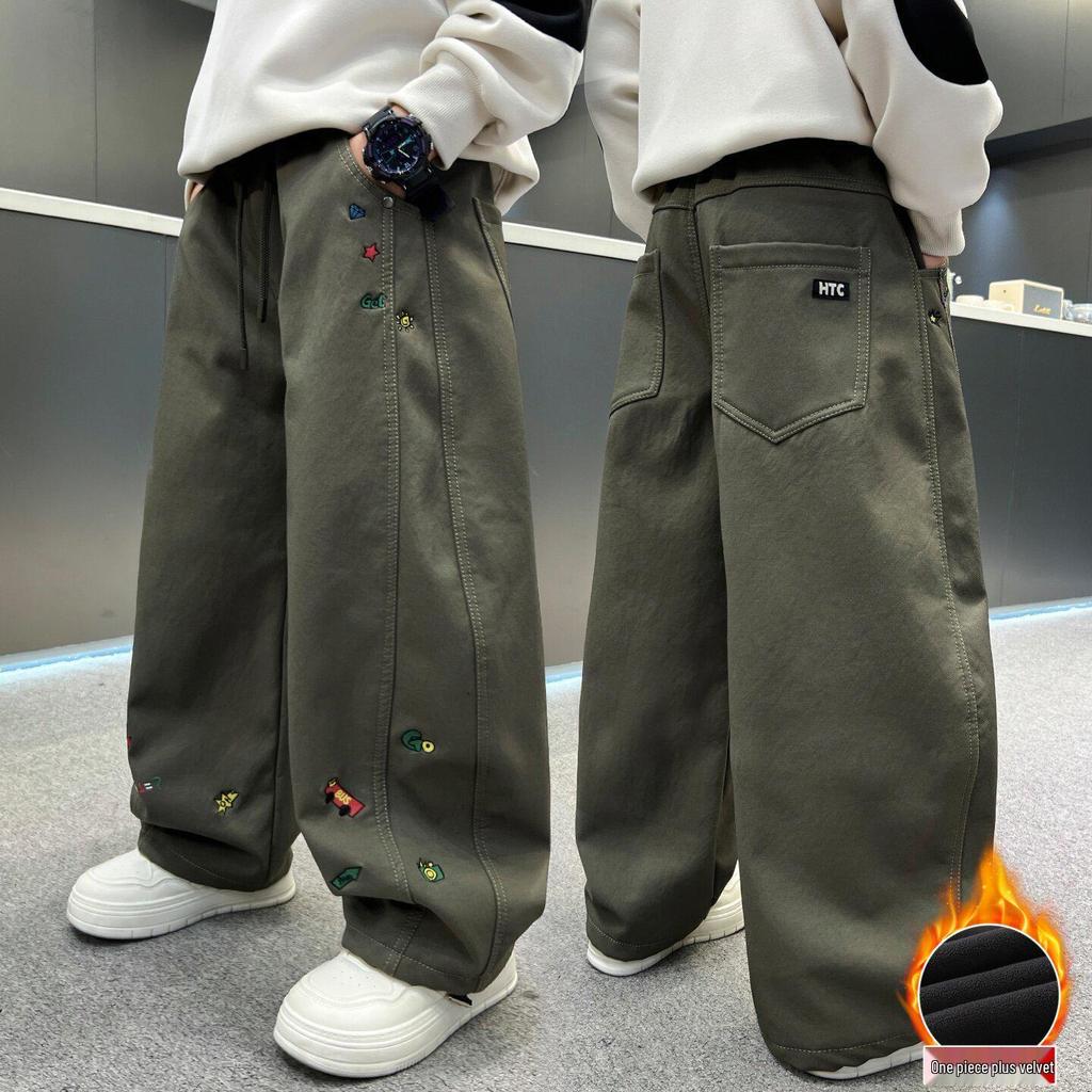 Boys' Fleece-Lined Warm Casual Pants - Thick, Versatile, Loose Fit for Autumn & Winter
